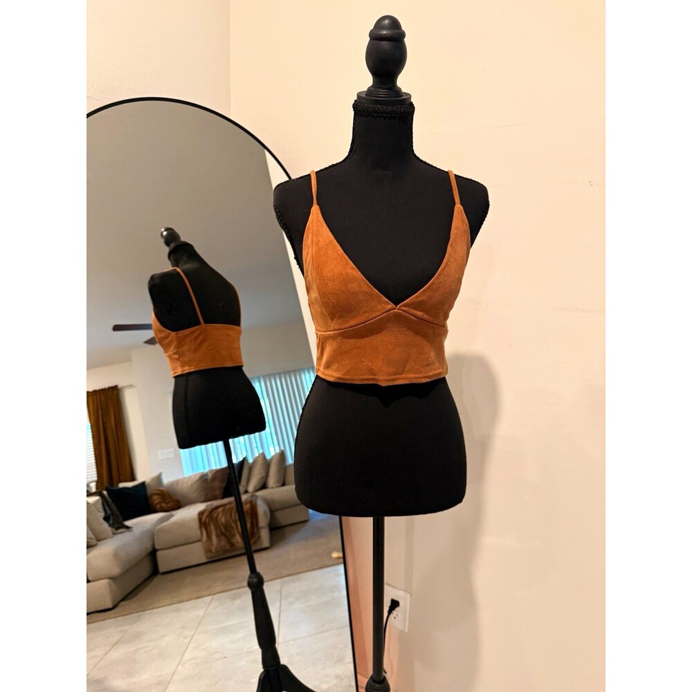 Stradivarius Womens M Brown Velvet V-Neck Cropped Spaghetti Strap Cami Top